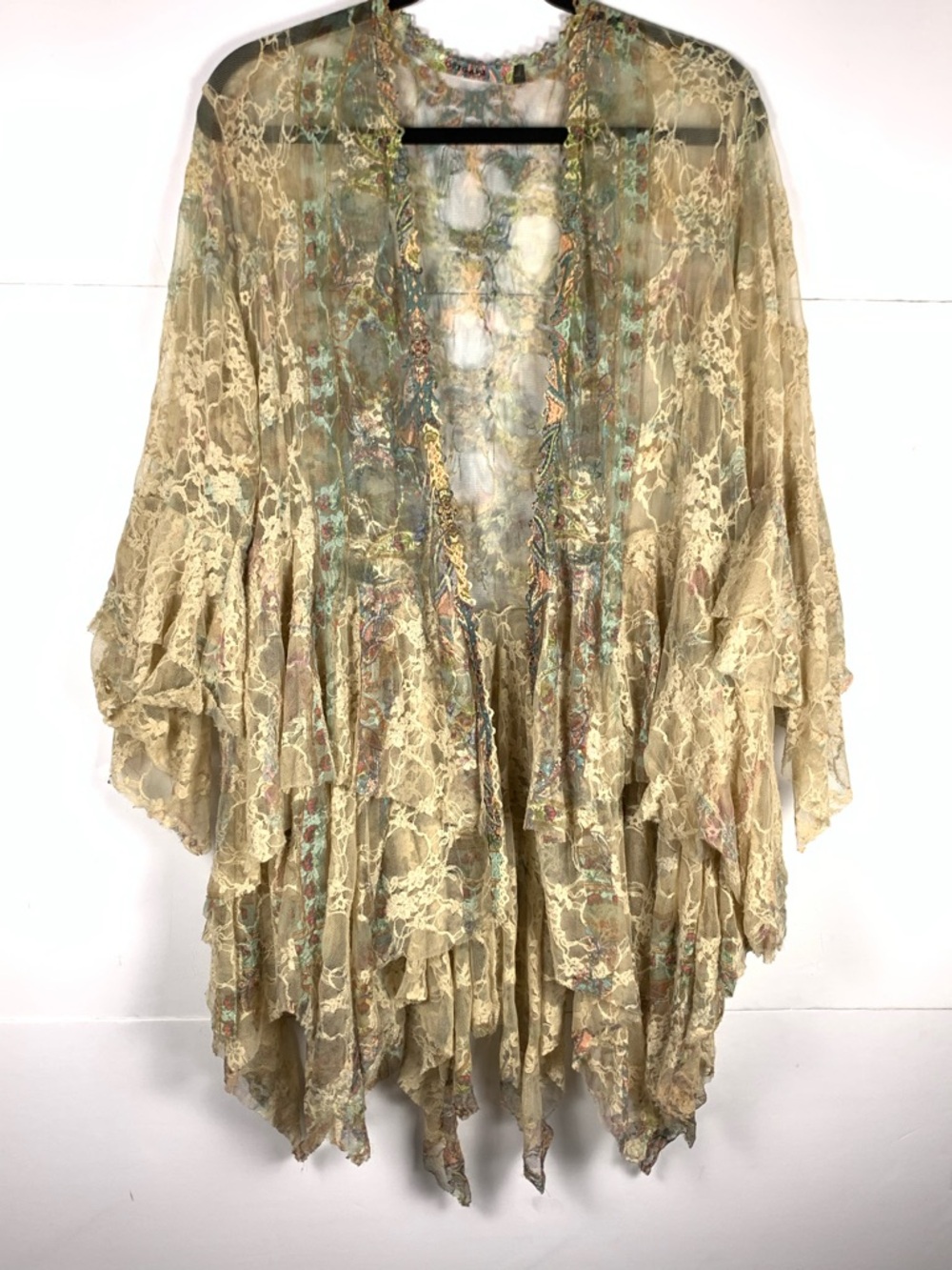 Origami Kimono Cardigan L Beige Lace Hi Low Boho Open Front Ruffle Sheer - Picture 2 of 16